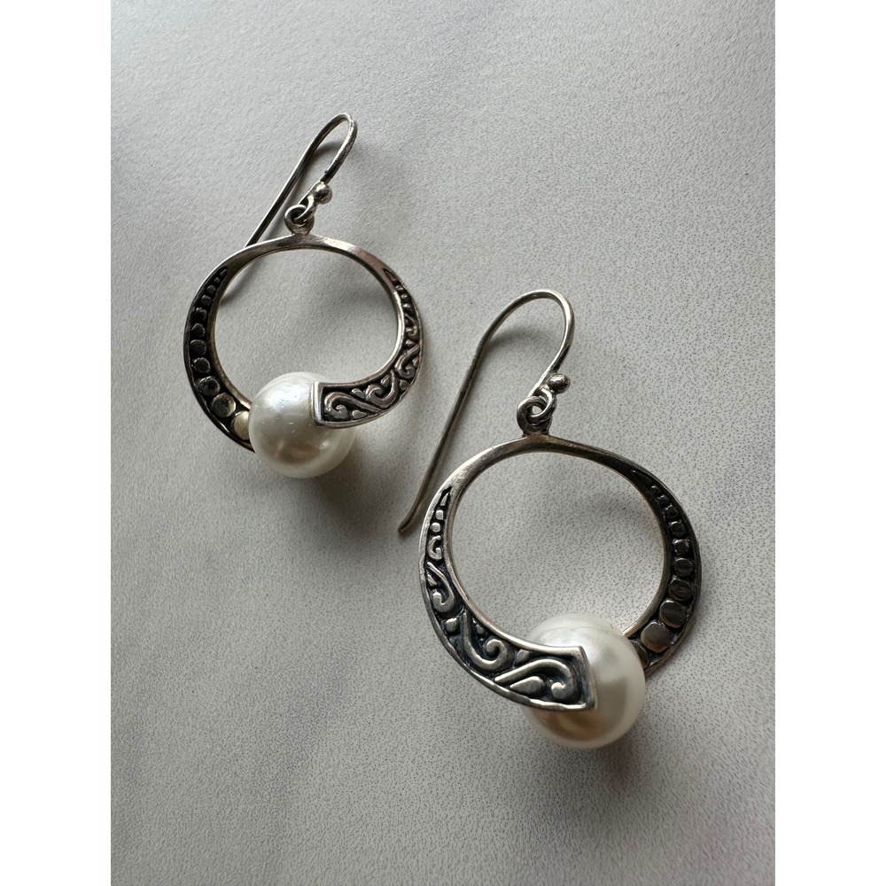 ATI 925 Sterling Silver Balinese Scroll Pearl Drop Hoop Earrings Indonesia ID